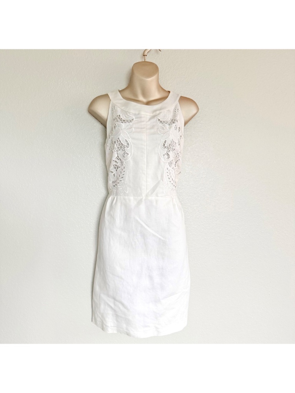 LOFT Ivory Linen-Blend Sleeveless Mini Dress with Floral Crochet Embroidery Sz 4